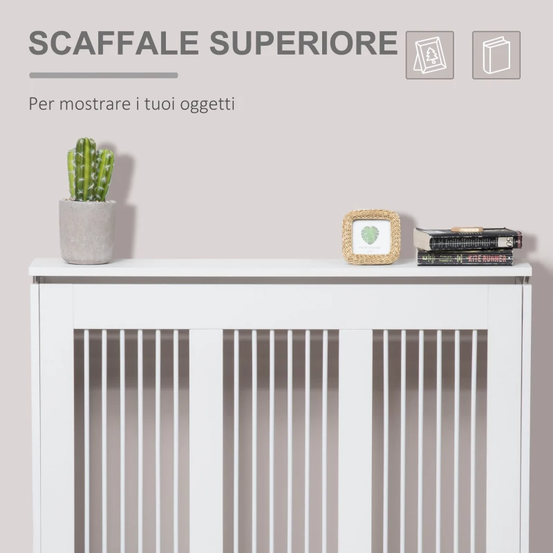 HOMCOM Copritermosifone a Doghe Moderno ed Elegante per la Casa, in MDF e Acciaio, 90x18x84cm, Bianco