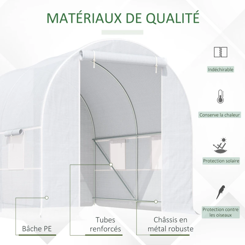 Outsunny Serre de Jardin Tunnel Surface Sol 5 m² 2,5L x 2l x 2H m châssis Tubulaire renforcé 18 mm 4 fenêtres Blanc