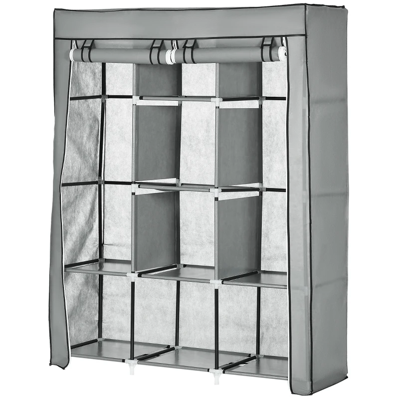 HOMCOM Armario de Tela Plegable Ropero Portátil con 8 Estantes y 2 Barras de Colgar para Dormitorio 125x43x162,5 cm Gris