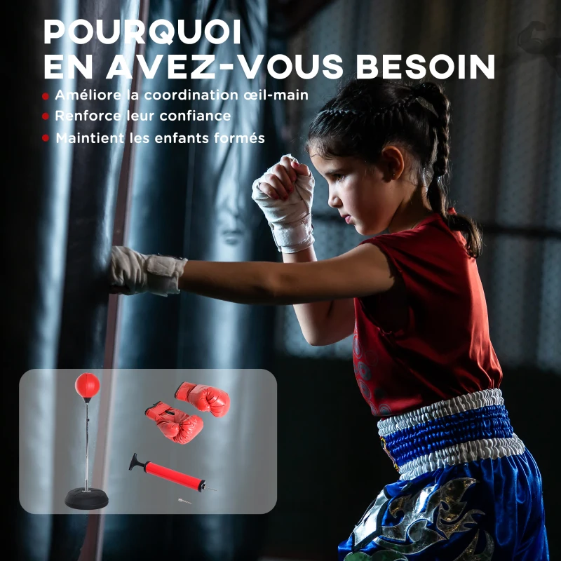 HOMCOM Sac de Frappe sur Pied Punching ball sur pied réglable en hauteur 126-144 cm avec gants, pompe et base de lestage pour enfants et débutants rouge