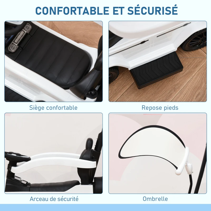 HOMCOM Porteur Enfants Voiture Enfant Multi-équipée 12-36 Mois klaxon Marche-Pieds, Garde-Corps et ombrelle Blanc