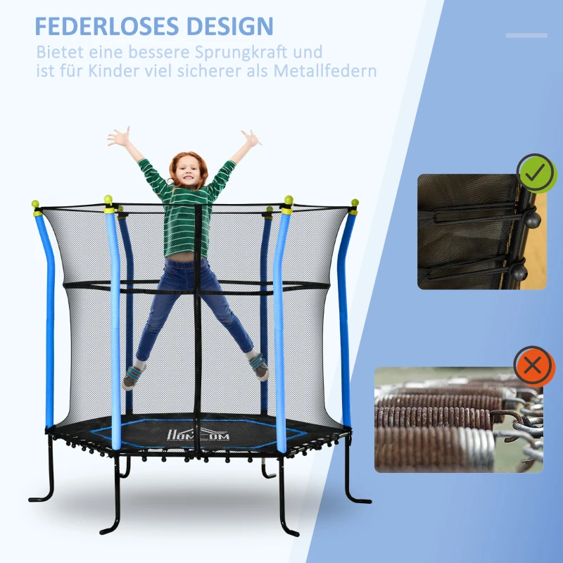 HOMCOM Kindertrampolin, mit Sicherheitsnetz, Randabdeckung, Stahlrahmen, bis 50 kg, 3-10 Jahre, blau, Ø163,5 x 163 cm