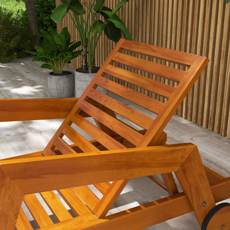 Outsunny Bain de soleil en bois à lattes avec dossier inclinable sur 3 positions accoudoirs 2 roues 66 x 190 x 73,5 cm