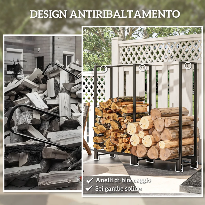 Outsunny Portalegna per Camino a 2 Sezioni in Acciaio con 6 Gambe e 3 Anelli, 123x32x115 cm, Nero