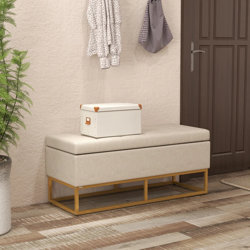 HOMCOM Panca con Contenitore in Poliestere Trapuntata con Gambe in Acciaio d'oro, 110x44x48cm, Beige