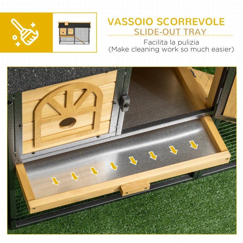 PawHut Conigliera da Esterno a 2 Livelli in Legno di Abete e Acciaio con Vassoio Rimovibile, 120x55.5x80 cm(m-6)