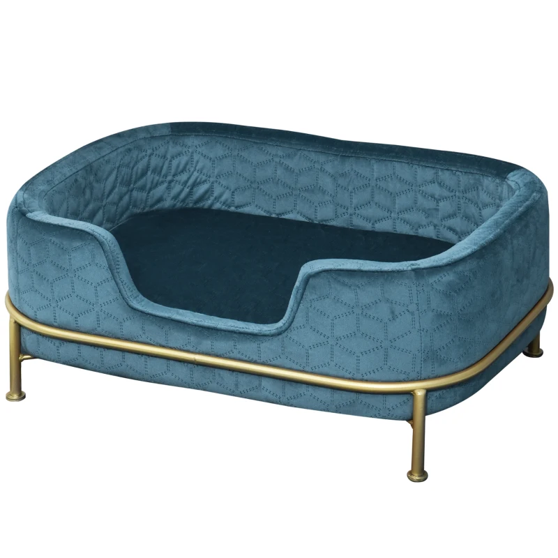 PawHut Sofá para Mascotas Tapizado en Terciopelo Cama para Perros y Gatos Pequeños con Cojín Suave Lavable Base de Metal y Bordes Elevados 63,5x43x24,5 cm Azul