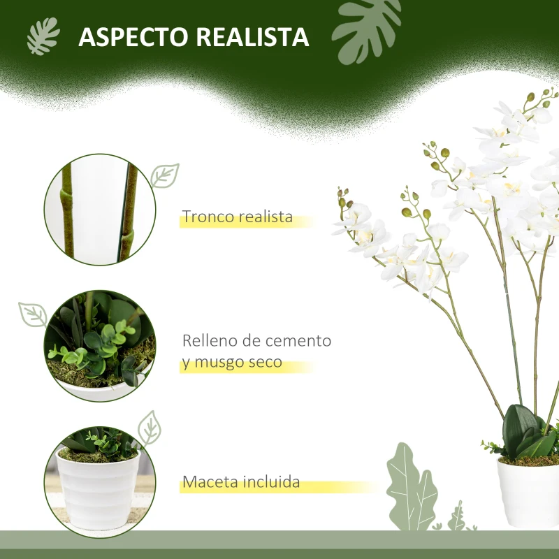 HOMCOM Planta Artificial de Orquídeas con Maceta Orquídea Sintética para Decoración del Hogar Eventos Ø16,5x75 cm Blanco