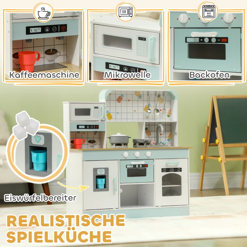 AIYAPLAY Spielküchen-Set, Kinderküche mit Effekten, Kaffeemaschine, Ofen, viel Stauraum, MDF, Edelstahl, für Kinder ab 3 Jahren