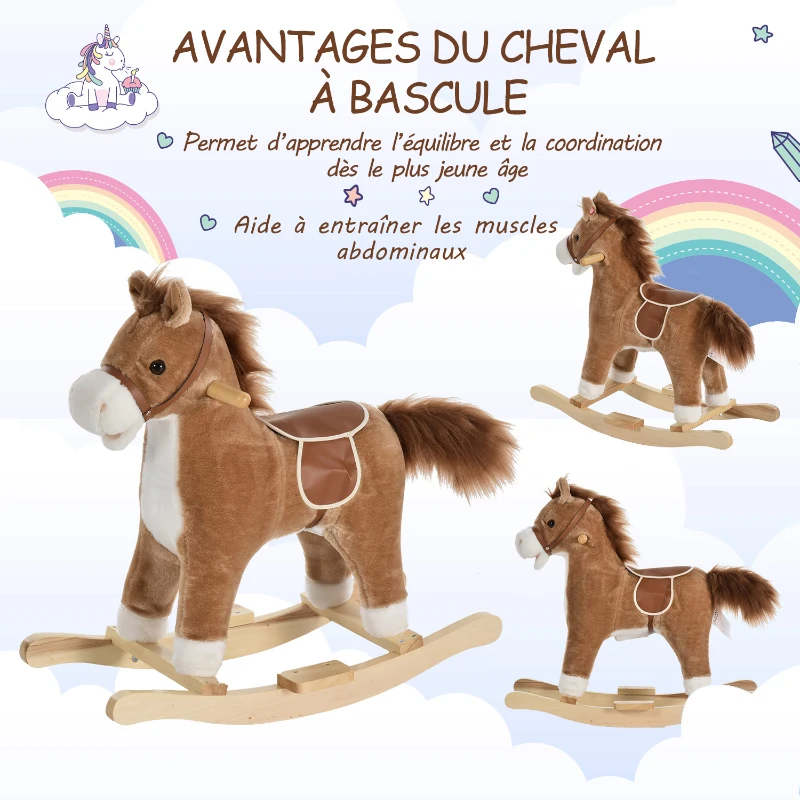 HOMCOM Cheval à Bascule Selle Grand Confort Peluche Courte Douce Bois peuplier Brun dim. 65L x 32,5l x 61H cm(m-6)