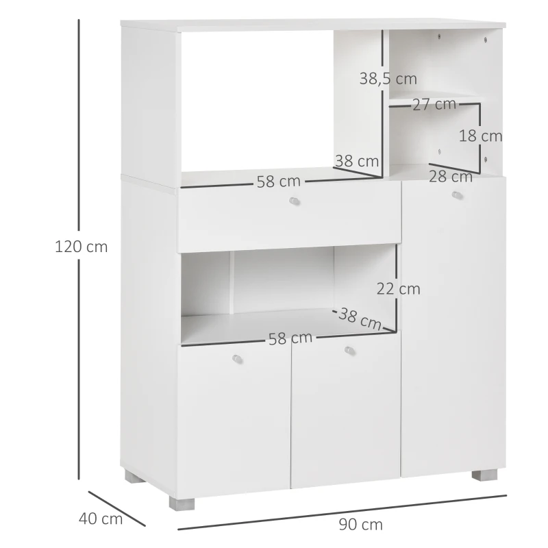 HOMCOM Mueble Auxiliar de Cocina Mueble para Microondas Aparador de Cocina con Cajón Estantes 3 Puertas 3 Compartimientos Diseño Anti-vuelco para Comedor 90x40x120 cm Blanco(m-3)