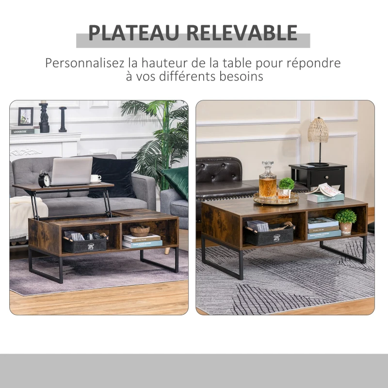 HOMCOM Table Basse rectangulaire Style Industriel tiroir 2 niches Plateau relevable métal Noir Panneaux Particules Aspect Vieux Bois veinage
