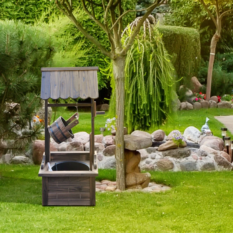 Outsunny Fontaine de Jardin d'ornement - puit de Jardin - dim. 57L x 50l x 112H cm - Pompe à Eau Submersible Incluse - Bois Sapin traité carbonisation