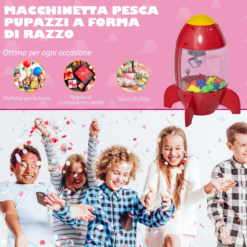 HOMCOM Macchinetta Pesca Pupazzi a Forma di Razzo Rosso con Luci, Suoni e 8 Alieni, per Bambini 3-8 Anni, 20x19x30cm