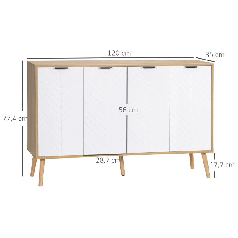 HOMCOM Mueble Buffet Auxiliar con Estantes Ajustables 2 Armarios y Antivuelco Carga 50 kg 120x35x77,4 cm Blanco y Natural(m-3)