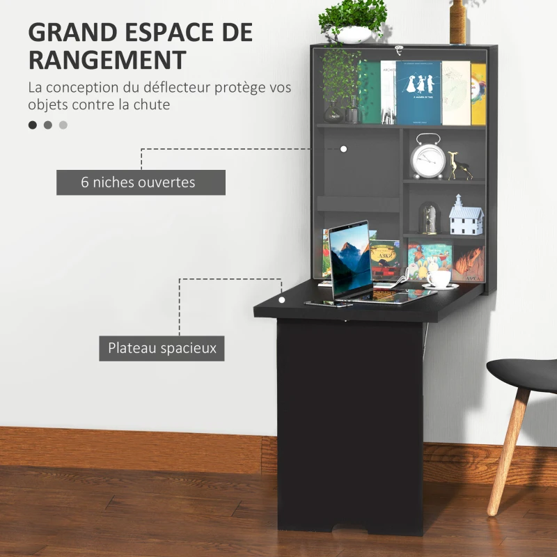 HOMCOM Bureau Mural Pliable Table Murale Rabattable Suspendue sur Pied étagère + Tableau à Craie intégré MDF Noir