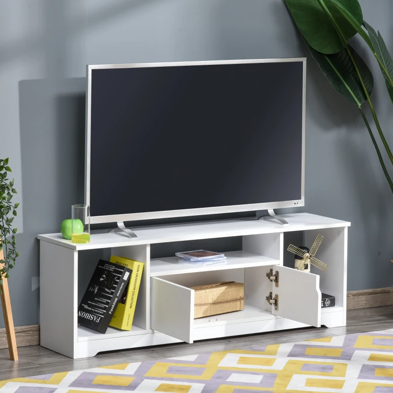 HOMCOM TV-Ständer, TV Schrank, TV-Kommode, Moderner Fernsehtisch mit Schrank und Offene Regale, Spanplatte, Weiß, 120 x 30 x 41cm