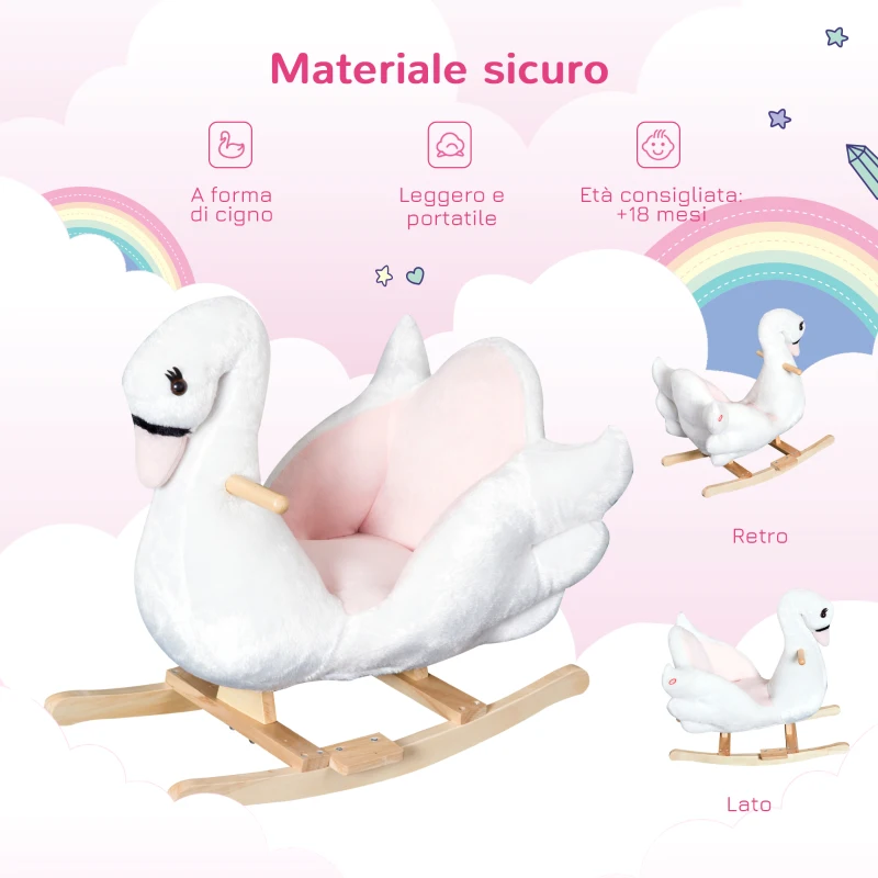 HOMCOM Cavallo a Dondolo a Forma di Cigno con Musica, Cavalluccio a Dondolo con Struttura in Metallo e Legno, Rivestimento Peluche, 60x32x55cm, Bianco