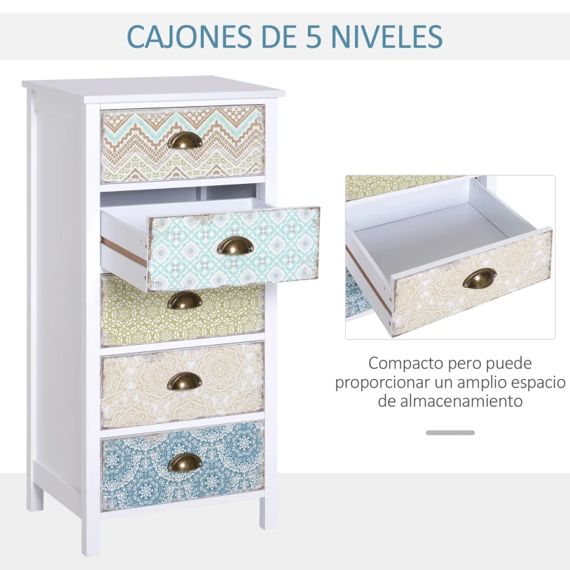 HOMCOM Cómoda con 5 Cajones con Frontales Estampados y Tiradores Vintage Mueble Cajonera para Salón 46x34x97,5 cm Multicolor(m-4)