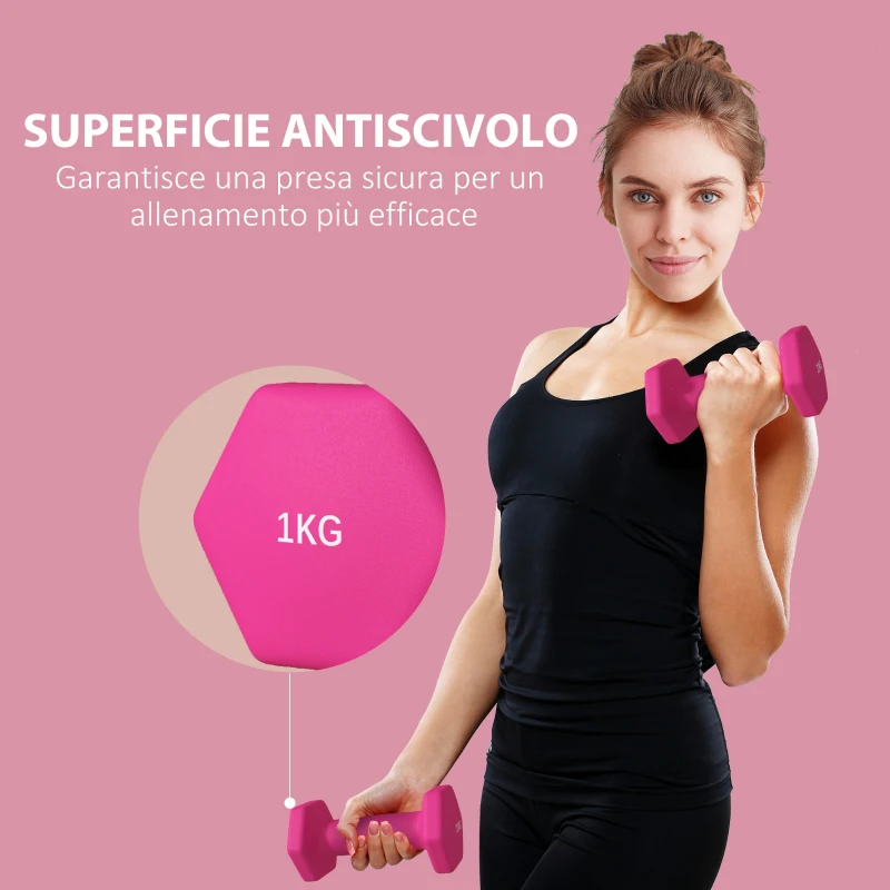 SPORTNOW Set 2 Manubri 2x1 kg Esagonali e Antiscivolo per Casa e Palestra, in Metallo e Plastica, 13x5x5 cm, Rosa
