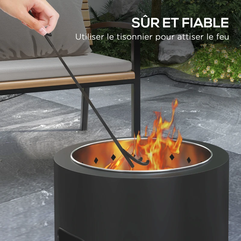 Outsunny Brasero sans fumée foyer à bois extérieur rond portable en métal avec tisonnier - diamètre 45 cm - noir