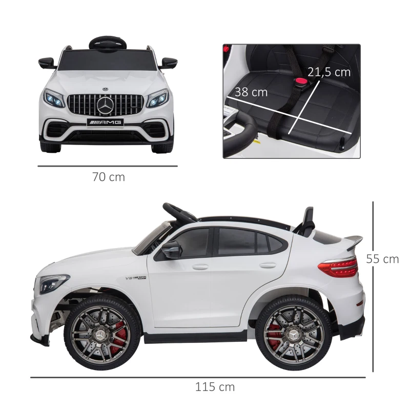 HOMCOM Kinderfahrzeug 12V Mercedes-Benz AMG GLC63S COUPE lizenzierter Elektroauto mit Fernbedienung Sicherheitsgurt  2 x 35W Motoren MP337-60 Monate Weiß 115 x 70 x 55 cm