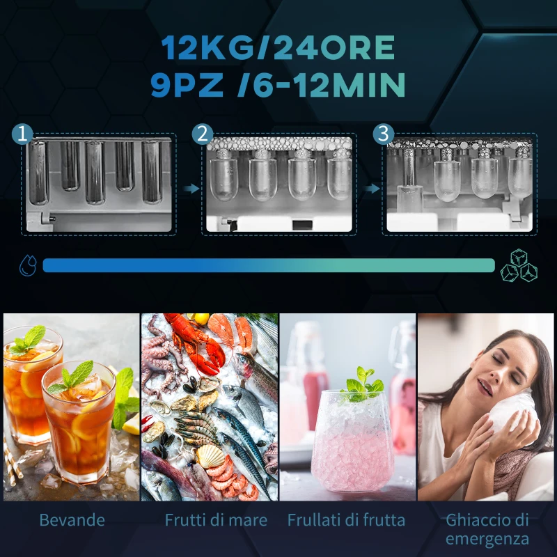 HOMCOM Macchina del Ghiaccio da 9 Cubetti in 6-12 Minuti con Cestello e Paletta Inclusi, 23.8x30.5x29 cm, Nero