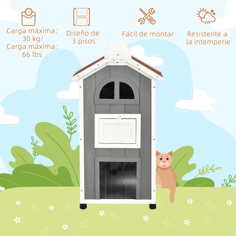 PawHut Caseta para Gatos de 3 Niveles 59x55x109 cm Refugio para Gatos con Techo Asfáltico Plataformas y Escalera Gris