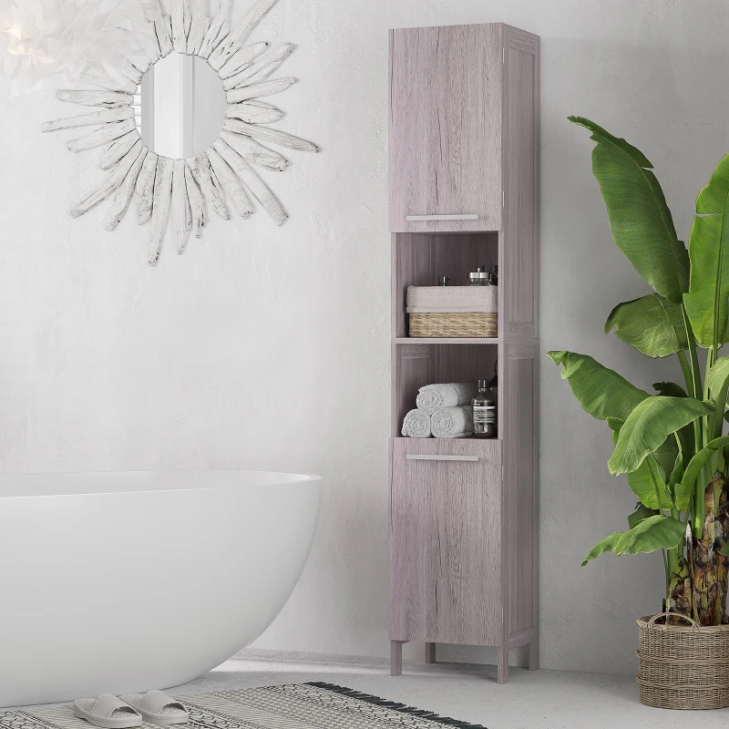 kleankin Colonna Bagno in MDF con 2 Armadietti e 2 Ripiani Aperti, 30x32x172.5 cm, color Legno