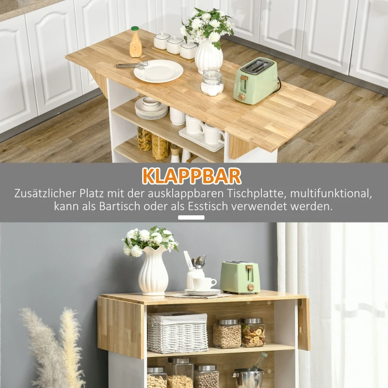 HOMCOM Kücheninsel mit 2 Klapptischen, 3 Regalen, Messerhalter, 140 cm x 55 cm x 91 cm, Weiß + Natur