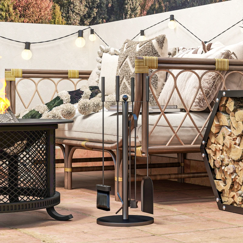 Outsunny Juego de Herramientas para Chimenea de 5 Piezas de Metal con Escoba Pala Tenazas Atizador y Soporte Ø25x54 cm Negro