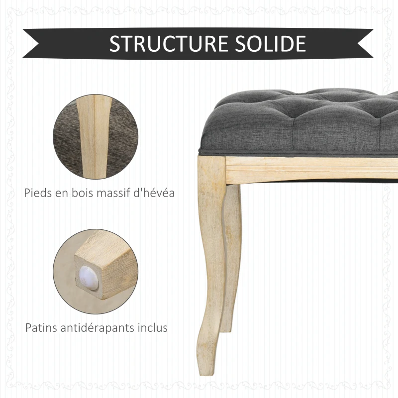 HOMCOM Banc Banquette capitonnée Style Classique 110 cm Bout de lit Rembourrée en lin piètement Bois hévéa sculpté Lin Gris