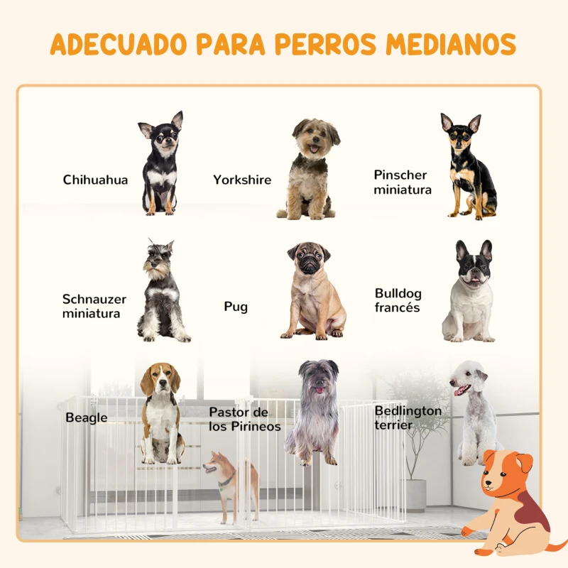 PawHut Corralito para Mascotas de 8 Paneles 64x90 cm con Doble Cerradura Función de Bloqueo Auxiliar y Forma Bricolaje Blanco