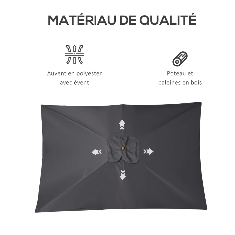 Outsunny Parasol droit rectangulaire Parasol de jardin grande taille dim. 3L x 2l x 2,5H m gris foncé