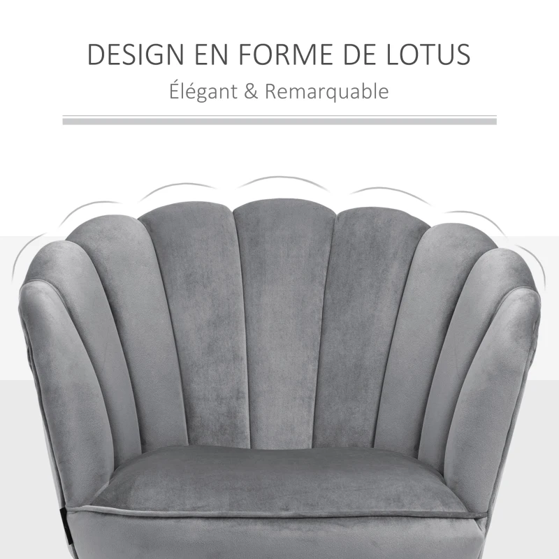HOMCOM Fauteuil Coquillage Fauteuil de Salon Chambre avec Dossier et Coussin Aspect Velours Pieds en Bois hévéa dim. 66L x 66l x 78,5H cm, Gris