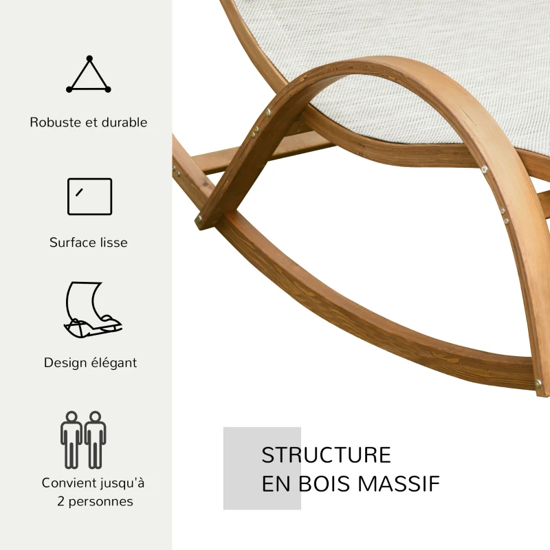 Outsunny Bain de Soleil transat de jardin chaise longue en bois Design à Bascule 2 pers. tétière & Pare-Soleil Inclus Bois pin pré-huilé textilène dim. 190L x 135l x 185H cm crème chiné