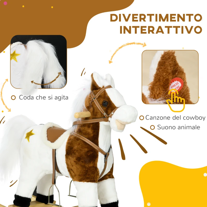HOMCOM Cavallino a Dondolo per Bambini da 3-6 Anni in Peluche con Suoni, 68x26x62cm, Marrone