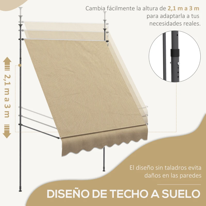 Outsunny Toldo Manual Retráctil con Manivela 200x120x210-300 cm con Altura Ajustable Impermeable y Anti-UV Beige