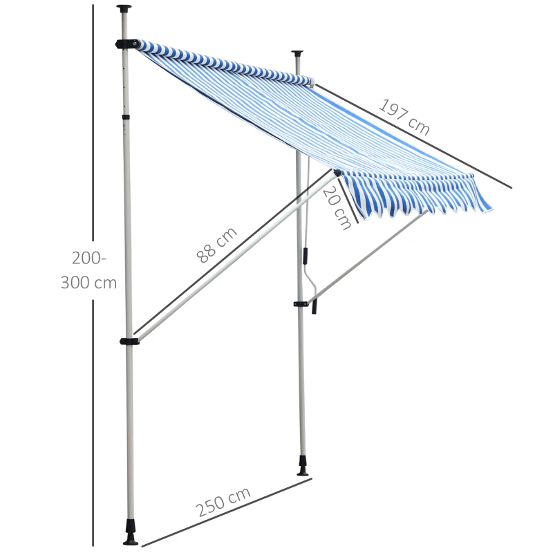 Outsunny Toldo Manual Retráctil para Exterior 197x250x200/300cm Toldo Enrollable con Altura Ajustable y Manivela Color Azul y Blanco