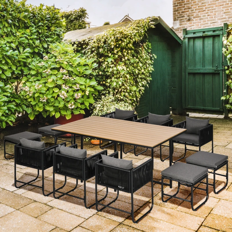 Outsunny 10 Seater Rattan Cube Garden Furniture Set, Rattan Dining Set with Cushions, Outdoor Dining Table and Chairs with 6 Armchairs, 4 Stools, Rectangular Wood Grain Plastic Top Table, Black