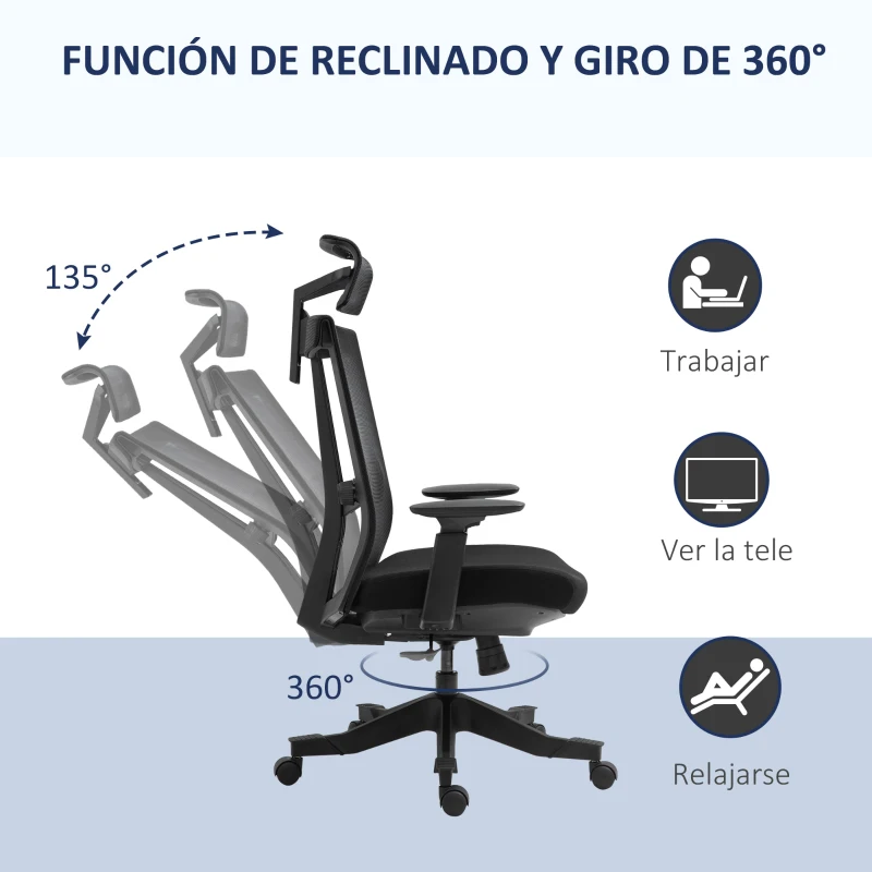 Vinsetto Silla de Malla Giratoria y Reclinable con Altura Ajustable Reposabrazos Reposacabezas y Soporte Lumbar Regulable Negro