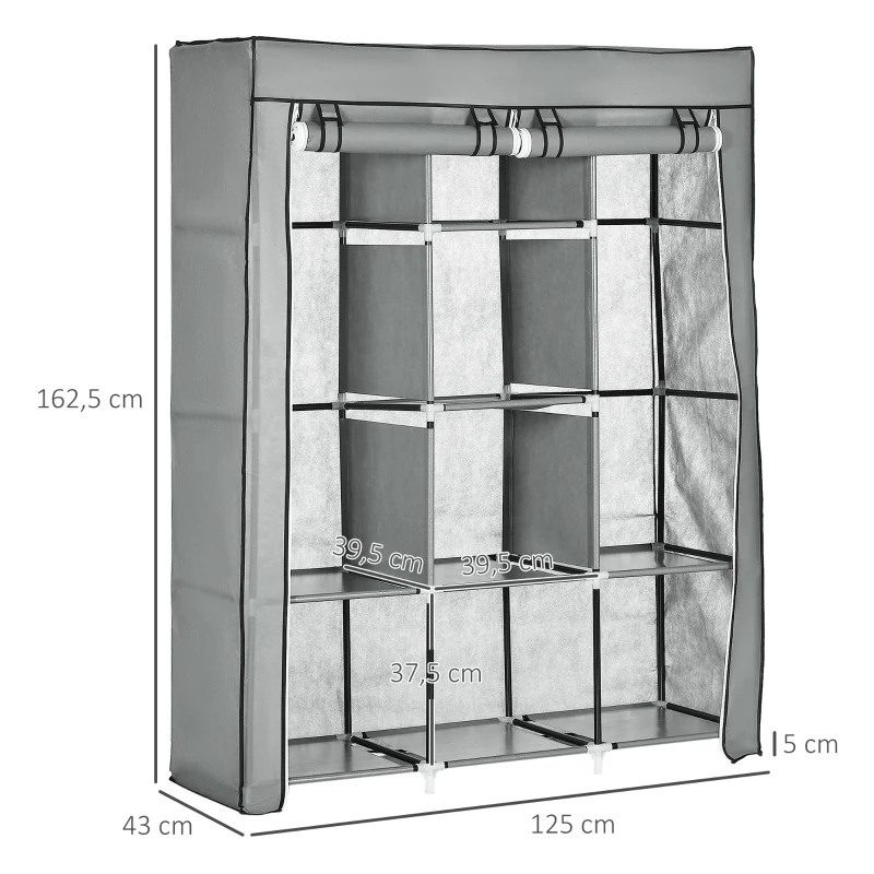 HOMCOM Armario de Tela Plegable Ropero Portátil con 8 Estantes y 2 Barras de Colgar para Dormitorio 125x43x162,5 cm Gris
