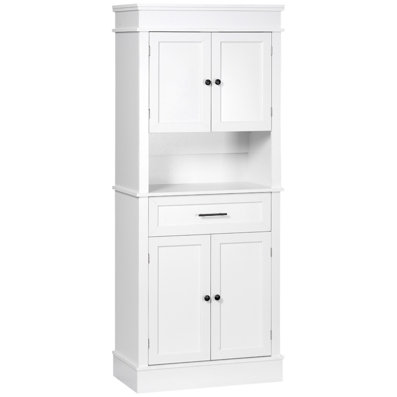 HOMCOM Alacena de Cocina con 4 Puertas 1 Cajón y Estante Abierto Mueble Auxiliar para Microondas 74x39,5x183 cm Blanco
