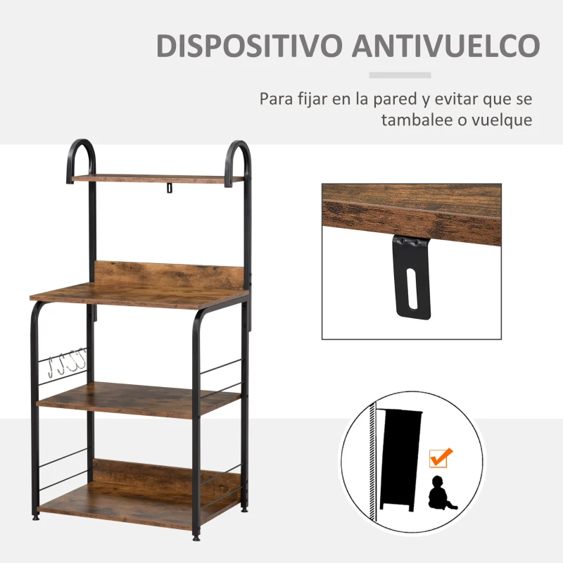 HOMCOM Estantería de Cocina de 4 Niveles con Ganchos Estantería para Microondas 60x40x125 cm Marrón Rústico y Negro