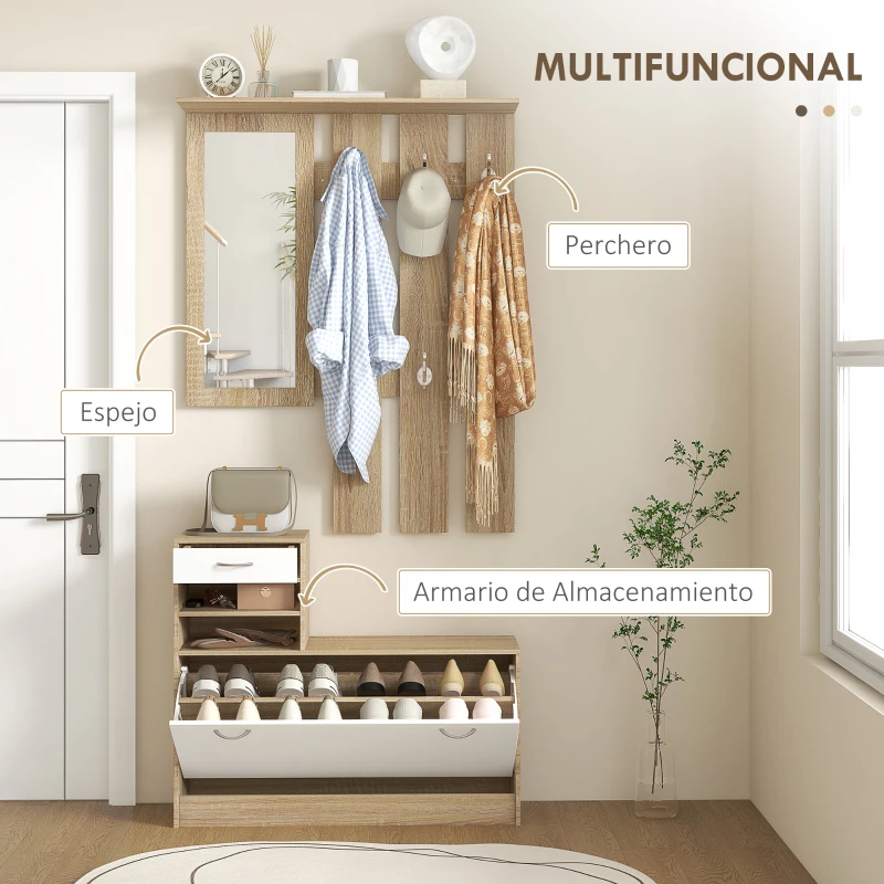 HOMCOM Recibidor de Entrada con Espejo Perchero y Zapatero Mueble de Recibidor de 2 Piezas con Ganchos Estantes Cajón Natural