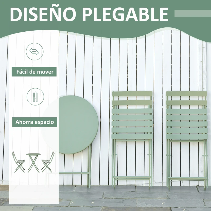 Outsunny Conjunto de Muebles de Jardín Plegable Juego de 1 Mesa y 2 Sillas de Terraza con Marco de Acero y Respaldo Verde Oscuro