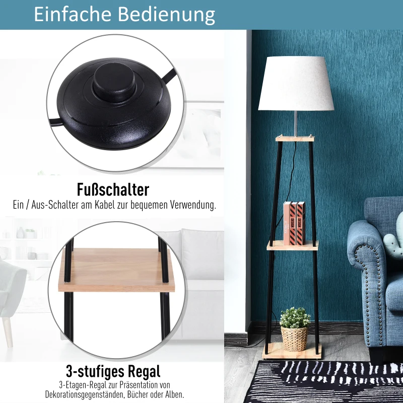 HOMCOM Leuchtständer mit 3 Regalen, Stehlampe, Kiefernholz, Leinen, Metall, Natur, Schwarz, Beige, 40 x 40 x 160 cm