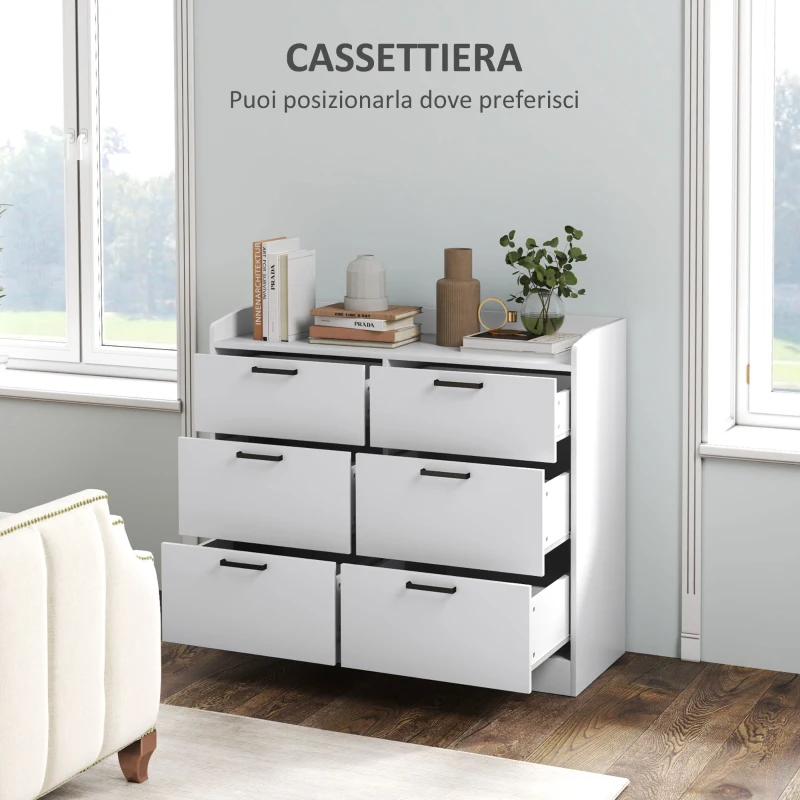 HOMCOM Cassettiera 6 Cassetti in Legno con Bordi Rialzati e Maniglie a U, 100x40x88 cm, Bianco