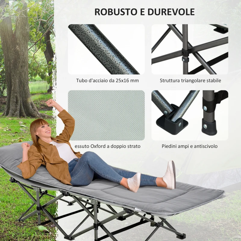 Outsunny Lettino da Campeggio Pieghevole e Imbottito con Tasca Portaoggetti, 188x64.5x53 cm, Grigio chiaro