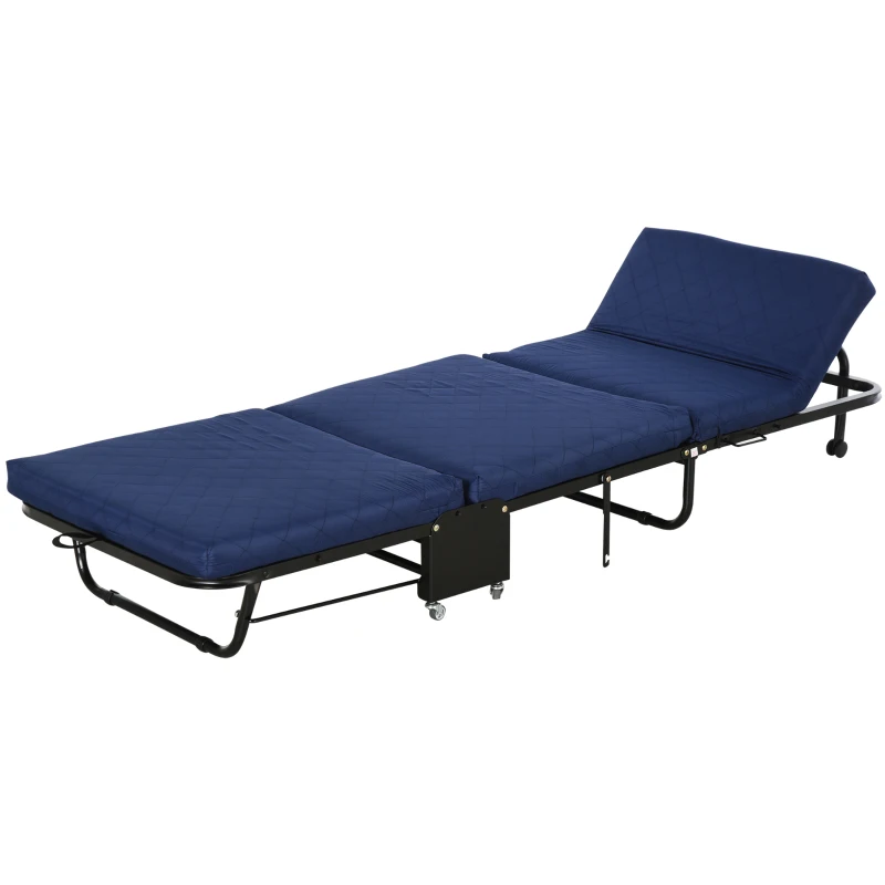 HOMCOM Klappbett 65x184 cm, Erwachsene Gästebett Klappbar mit 6 cm Dicker Schaumstoff, Reisebett mit Metallrahmen, Feldbett mit Rollen und höhenverstellbarem Kopfteil, bis 120 kg belastbar, Blau